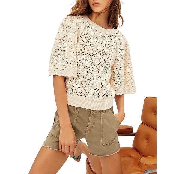 ba&sh Claire Pointelle Bell Sleeve Cotton Eyelet Sweater Off White Size Medium - Picture 2 of 5